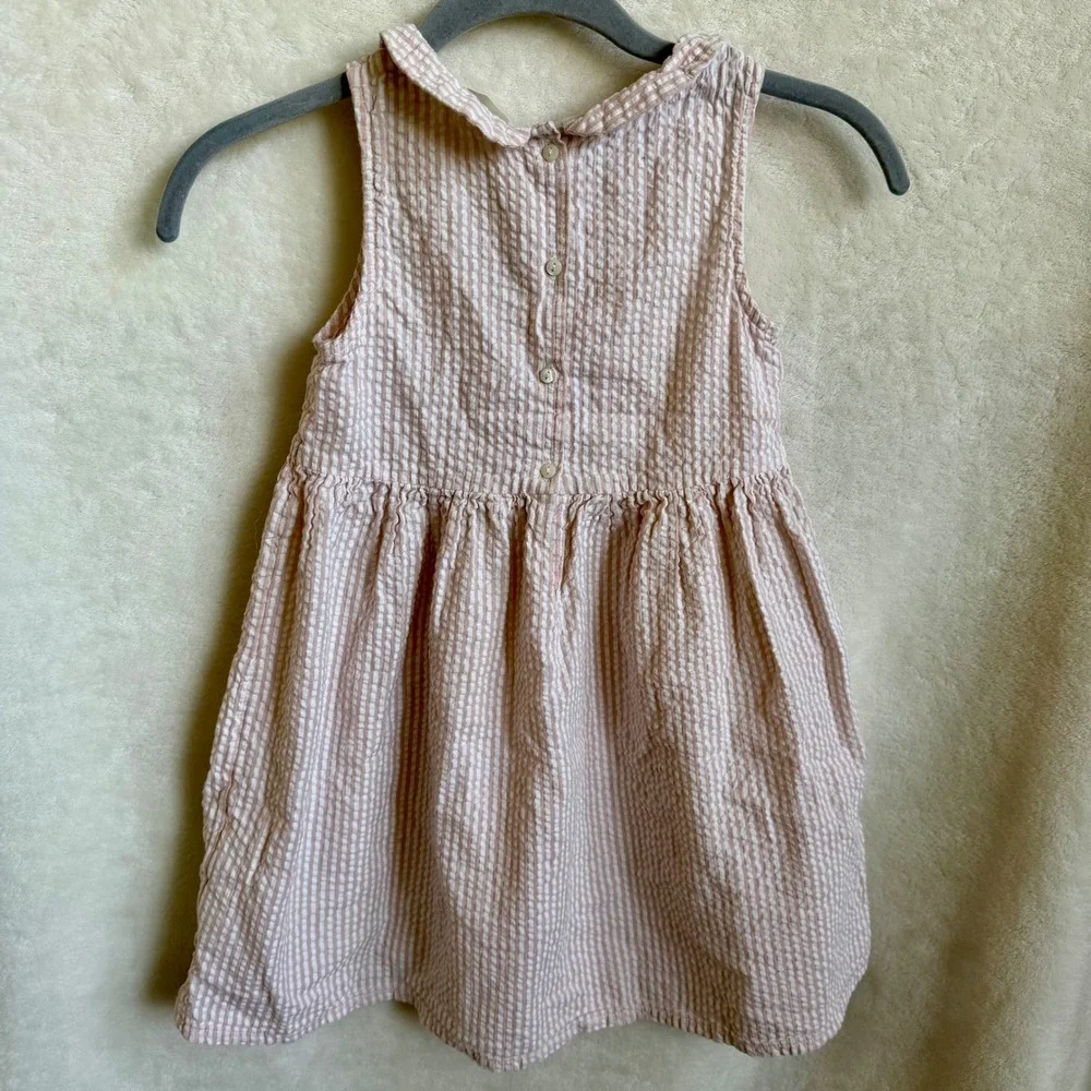 H&M Girls Pink White Seersucker Sleeveless Dress Peter Pan Collar Sz 6x